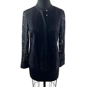 J.Crew Black Button-Up Lace Top Camisole Lined Cotton Blend Long Sleeve Size 2